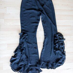 Flare Ruffle Black Crepe Flowing Pants